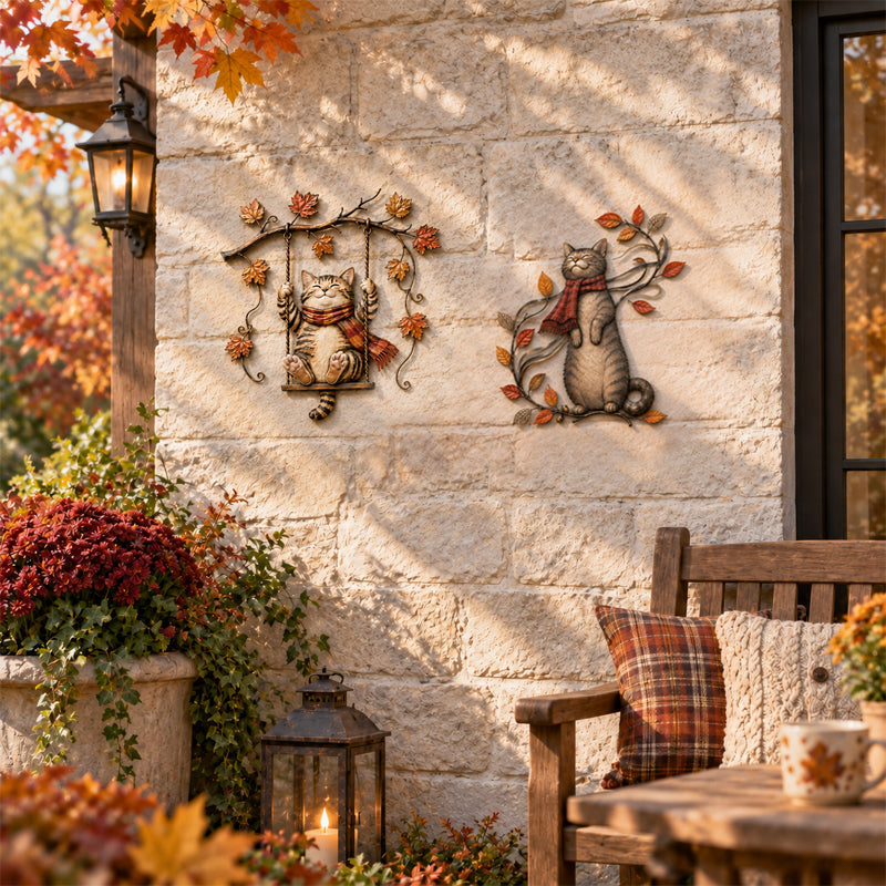 🐱🍂 Décoration murale « Chat d'automne » — Un chat espiègle parmi les feuilles d'automne