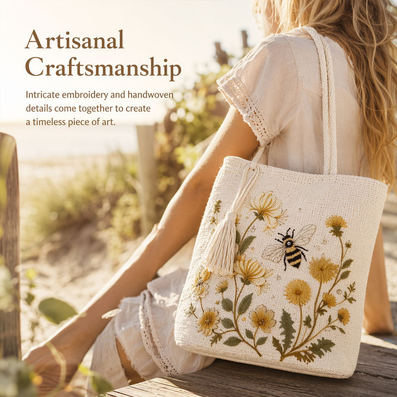 🌼 Sac fourre-tout « Abeille » au crochet fait main : broderie florale haut de gamme et sac à bandoulière bohème chic ! 🐝