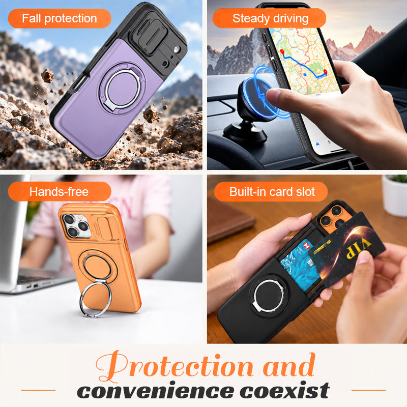 📱💳 Étui multifonctionnel pour téléphone — Compartiment coulissant pour cartes, cache-appareil photo et support anneau à 360°