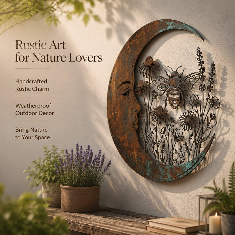 🌙 Décoration murale « Lune céleste et abeille » : une décoration de jardin rustique et fantaisiste pour l'extérieur ! 🐝