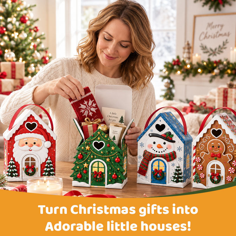 🏠🎄 Coffret cadeau « Christmas Cottage » avec poignée — 5 motifs festifs, emballage en forme de maison avec poignée de transport