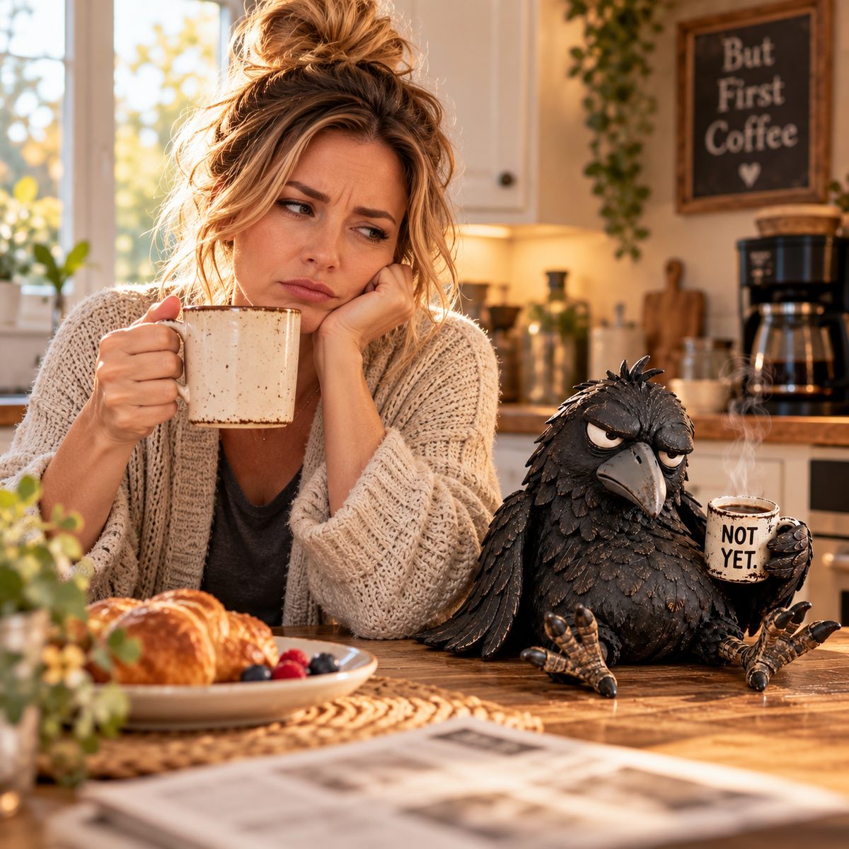 ☕😂 Figurine « Corbeau grincheux et café » — Décoration matinale amusante pour les amateurs de café