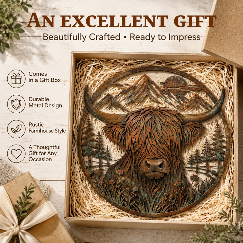 🏔️🐂 Décoration murale en métal « La montagne de la vache des Highlands »