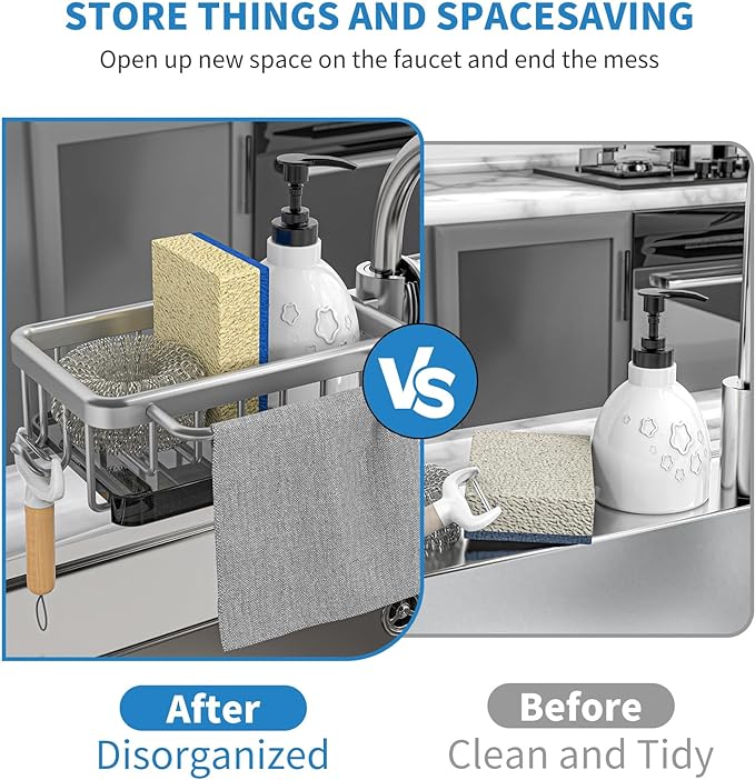🍽️💧 Support de rangement multifonctionnel pour évier — En aluminium résistant à la rouille, séchage rapide et installation sans outils