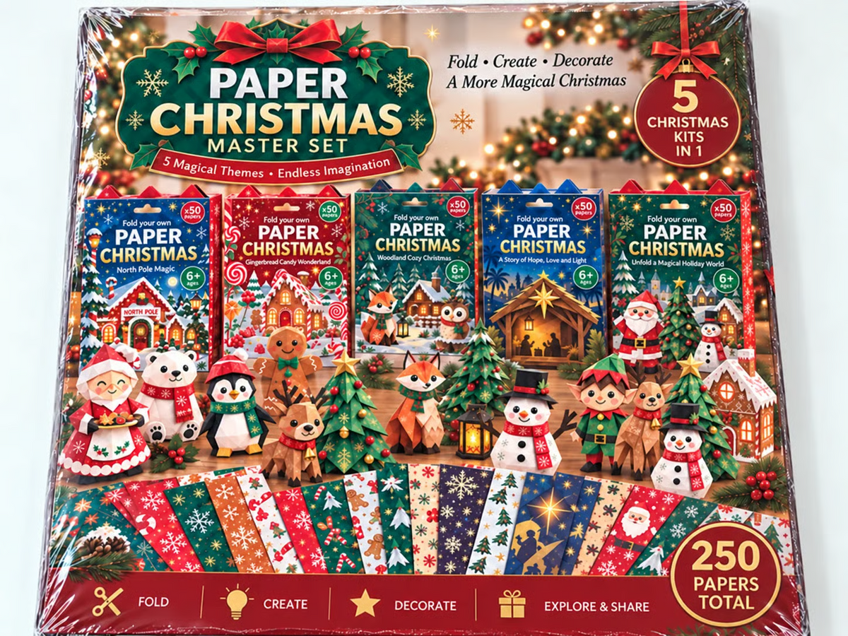 🎄✂️ Kit de bricolage de Noël en papier — 250 feuilles, 5 thèmes festifs, bricolages en papier 3D à réaliser soi-même