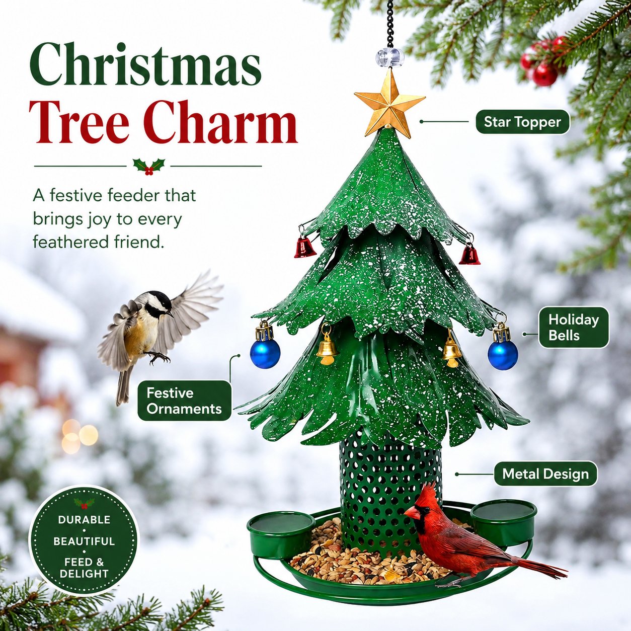 🎄 Mangeoire pour oiseaux en forme de sapin de Noël : décoration de jardin hivernale suspendue en métal ! 🐦
