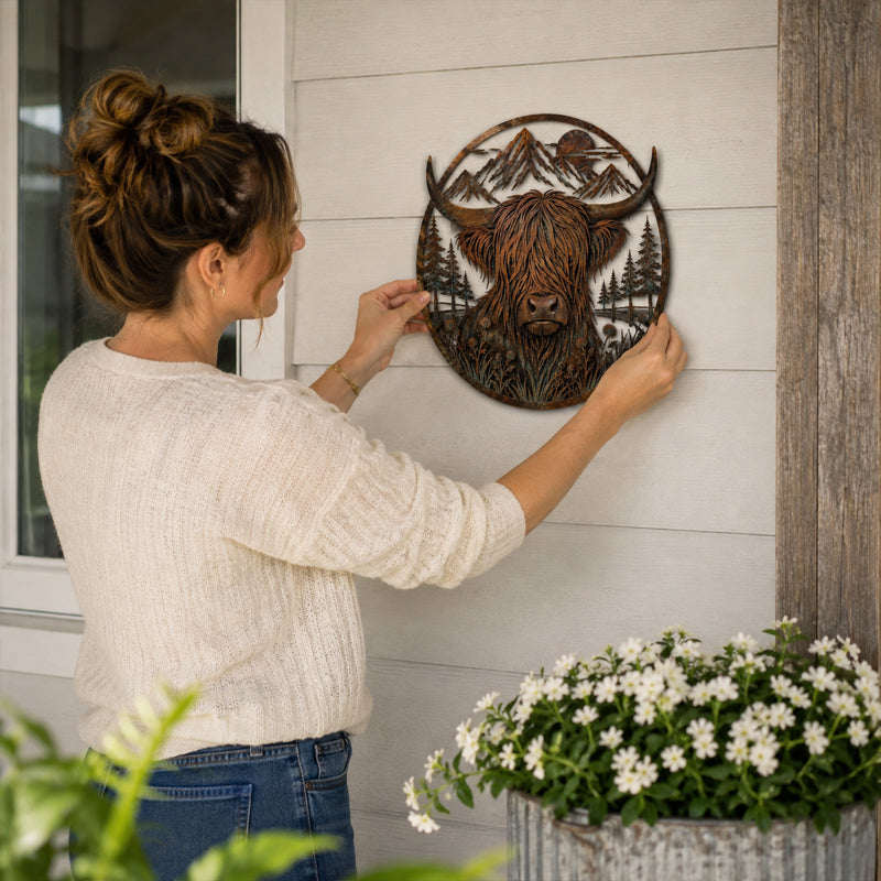 🏔️🐂 Décoration murale en métal « La montagne de la vache des Highlands »