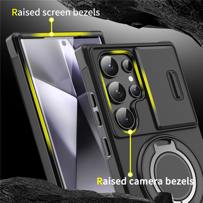 Étui blindé pour la série Galaxy S 🛡️ Couvercle coulissant pour l'appareil photo et anneau à 360° 🧲 Fonction magnétique