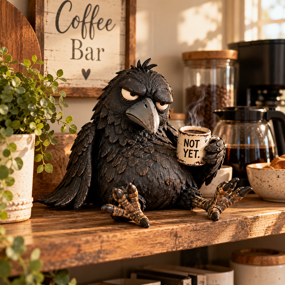 ☕😂 Figurine « Corbeau grincheux et café » — Décoration matinale amusante pour les amateurs de café