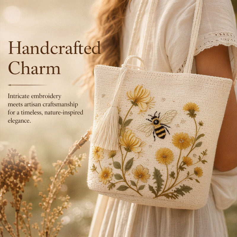 🌼 Sac fourre-tout « Abeille » au crochet fait main : broderie florale haut de gamme et sac à bandoulière bohème chic ! 🐝
