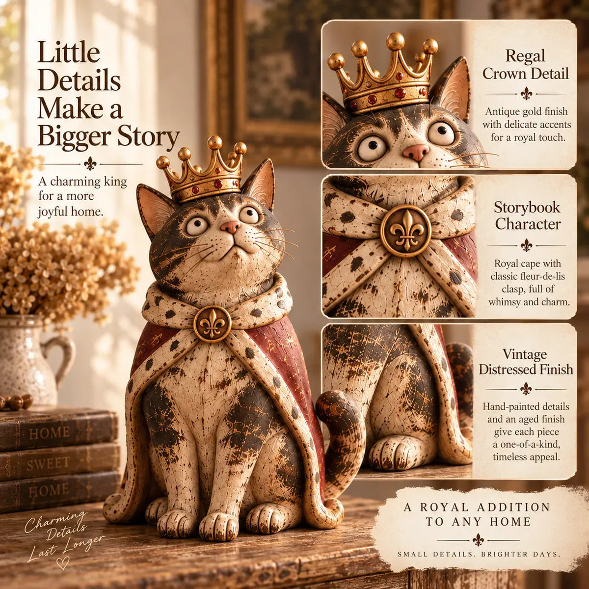 👑🐈 Figurines « La Cour des chats médiévale » — 5 personnages royaux inspirés du style vintage, à disposer sur vos étagères ou vos cheminées