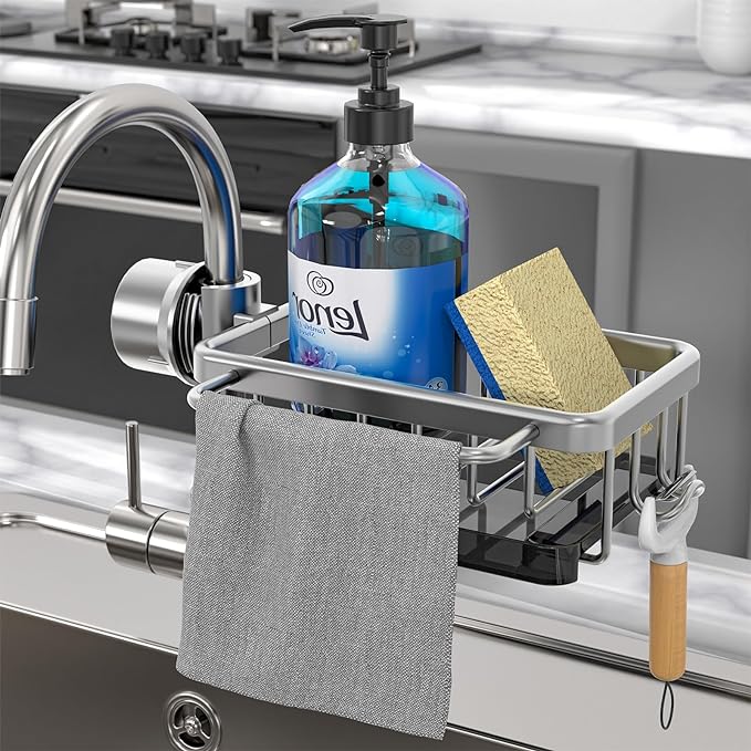 🍽️💧 Support de rangement multifonctionnel pour évier — En aluminium résistant à la rouille, séchage rapide et installation sans outils