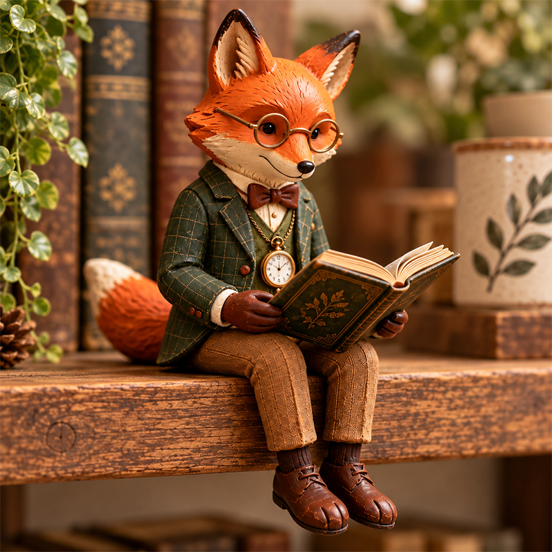🦊📚 Figurine de renard lecteur — Décoration fantaisiste sur le thème des amateurs de livres et de la forêt