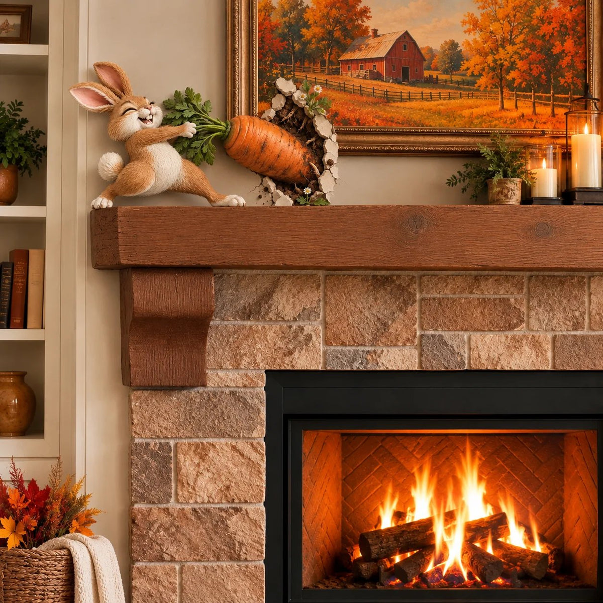 🐰🥕 Décoration murale « Lapin rigolo tirant une carotte » — Décoration de Pâques et du printemps en bois en 3D, effet « en relief »