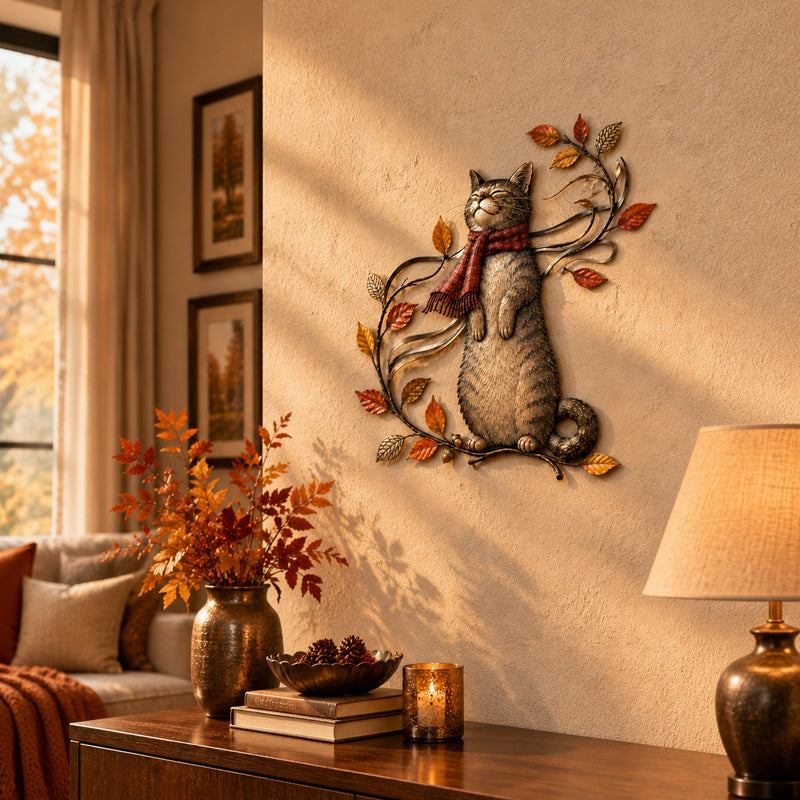 🐱🍂 Décoration murale « Chat d'automne » — Un chat espiègle parmi les feuilles d'automne