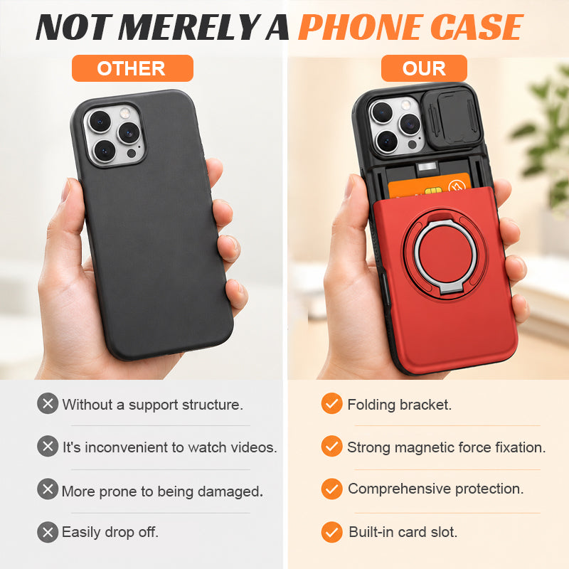 📱💳 Étui multifonctionnel pour téléphone — Compartiment coulissant pour cartes, cache-appareil photo et support anneau à 360°