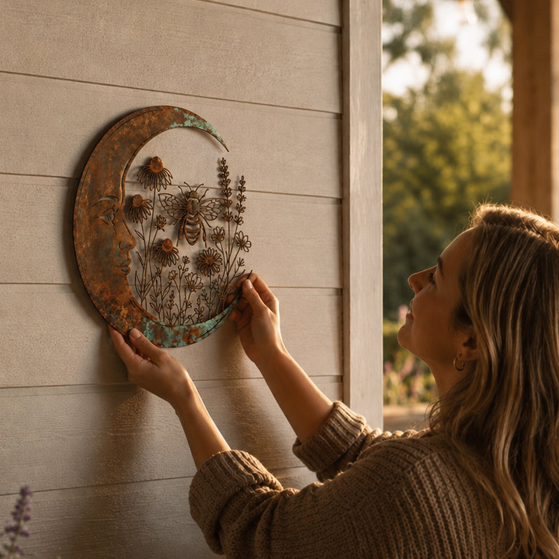 🌙 Décoration murale « Lune céleste et abeille » : une décoration de jardin rustique et fantaisiste pour l'extérieur ! 🐝