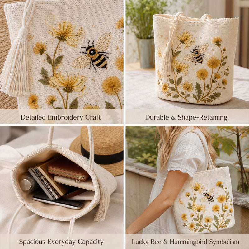 🌼 Sac fourre-tout « Abeille » au crochet fait main : broderie florale haut de gamme et sac à bandoulière bohème chic ! 🐝
