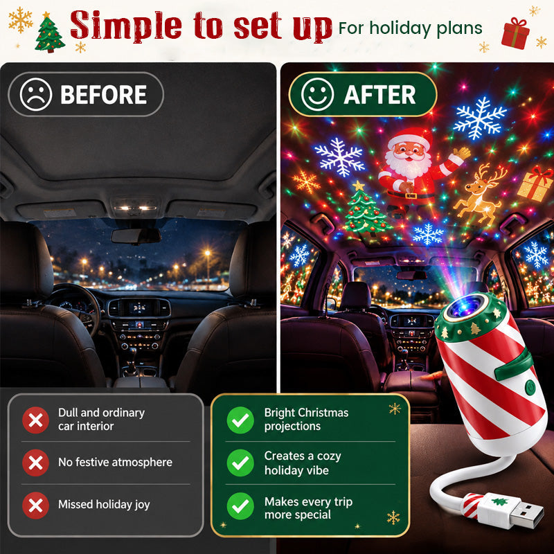 🎄🚗 Projecteur de Noël pour voiture « Joyeuse balade » — Lumière festive alimentée par USB avec diapositives de Noël
