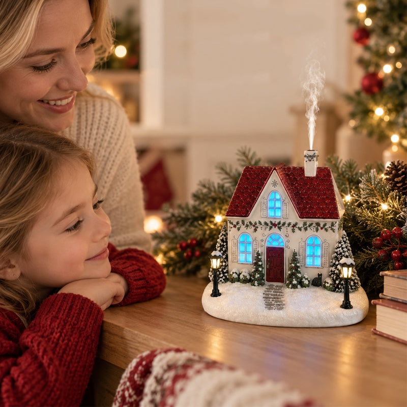 🎄✨ Diffuseur « La maison de Noël de Mistletoe Lane » — Diffuseur festif représentant un village de Noël avec des fenêtres illuminées et une charmante brume de cheminée