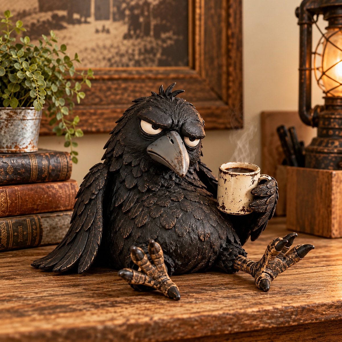 ☕😂 Figurine « Corbeau grincheux et café » — Décoration matinale amusante pour les amateurs de café