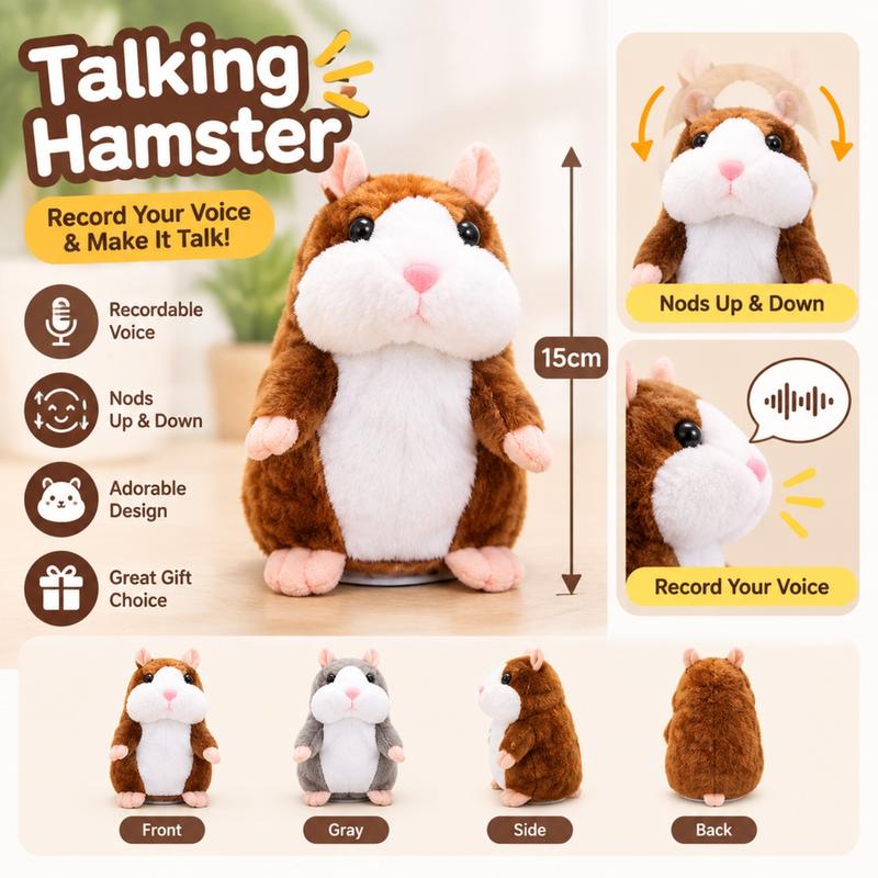🐹 Peluche de hamster parlant — Répète ce que vous dites et remue la tête, 3 couleurs + édition de Noël