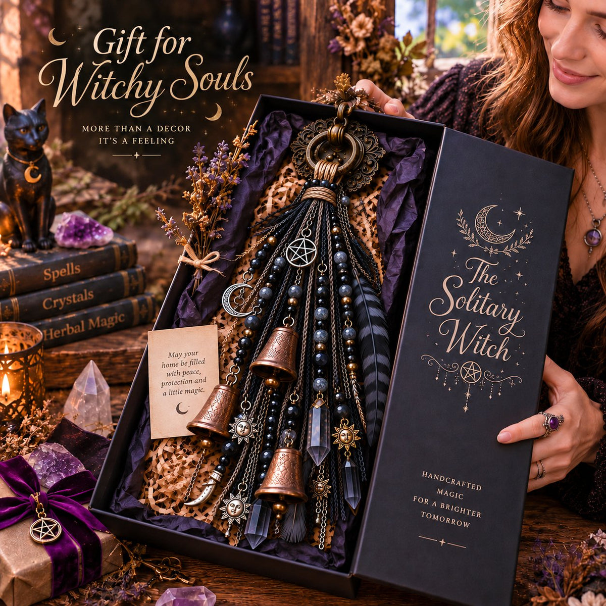 🔮🌙 The Solitary Witch Door Charm — Celestial Hanging Decor with Crystals, Feathers & Vintage Bells
