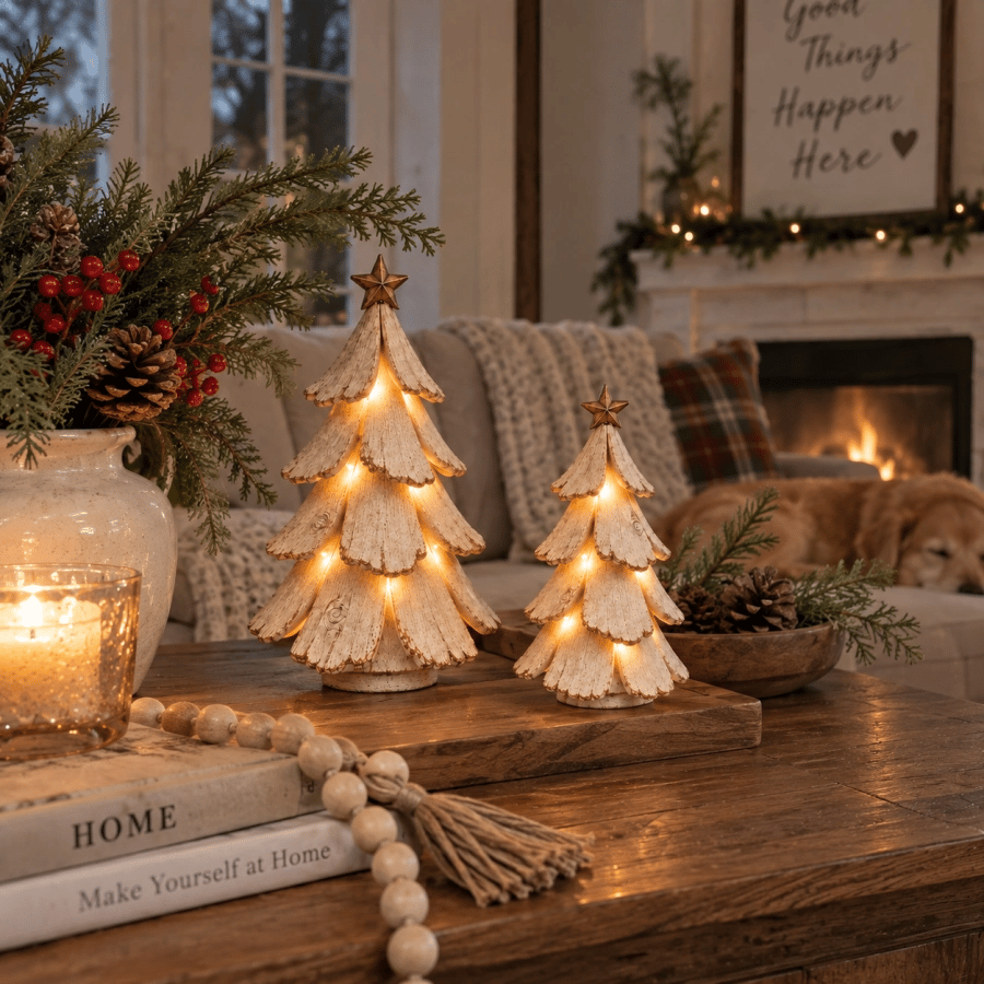 🎄✨ Figurine vintage de sapin de Noël illuminé — Décoration de Noël en céramique avec LED chaleureuses