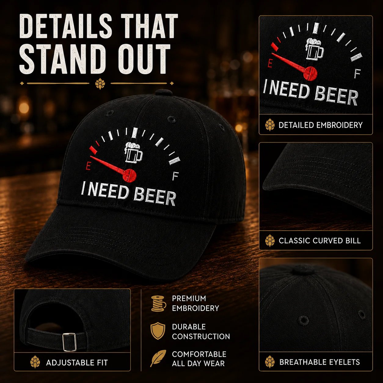 🧢 Casquette de baseball originale avec bouchon de réservoir brodé « I Need Beer » : une casquette de baseball originale ! 🍺✨