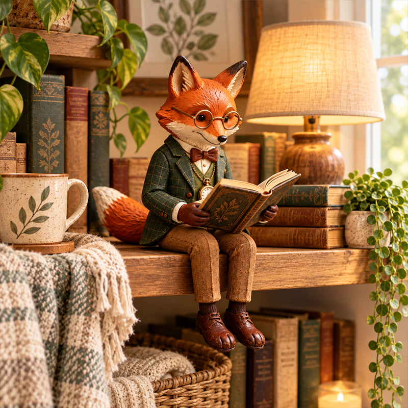 🦊📚 Figurine de renard lecteur — Décoration fantaisiste sur le thème des amateurs de livres et de la forêt