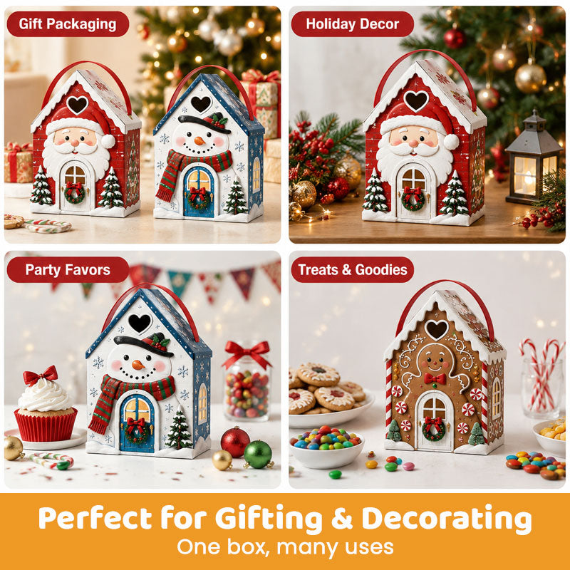 🏠🎄 Coffret cadeau « Christmas Cottage » avec poignée — 5 motifs festifs, emballage en forme de maison avec poignée de transport