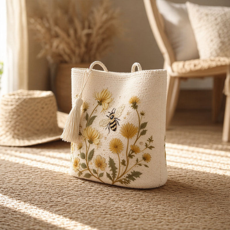 🌼 Sac fourre-tout « Abeille » au crochet fait main : broderie florale haut de gamme et sac à bandoulière bohème chic ! 🐝