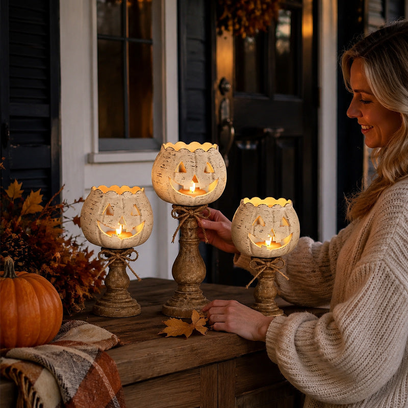 🎃 Joli bougeoir en forme de citrouille : décoration rustique avec une citrouille-lanterne sur socle ! 🕯️