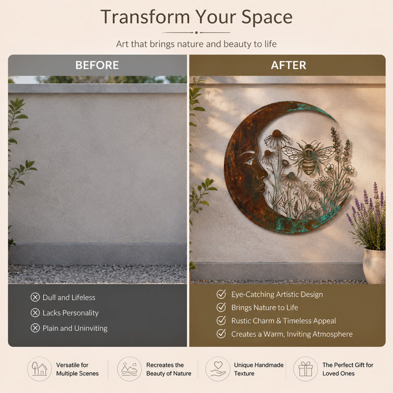 🌙 Décoration murale « Lune céleste et abeille » : une décoration de jardin rustique et fantaisiste pour l'extérieur ! 🐝