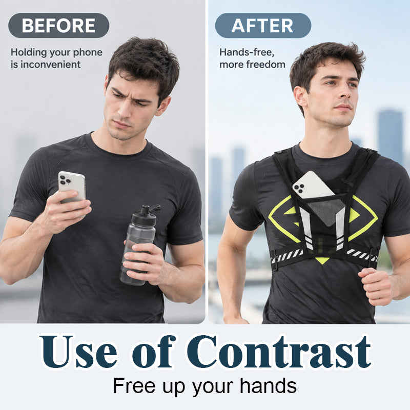 🏃 Gilet de course mains libres — Rangement pour bouteille d'eau et téléphone, et éléments réfléchissants pour plus de sécurité