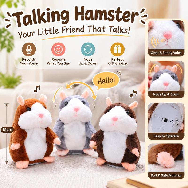 🐹 Peluche de hamster parlant — Répète ce que vous dites et remue la tête, 3 couleurs + édition de Noël