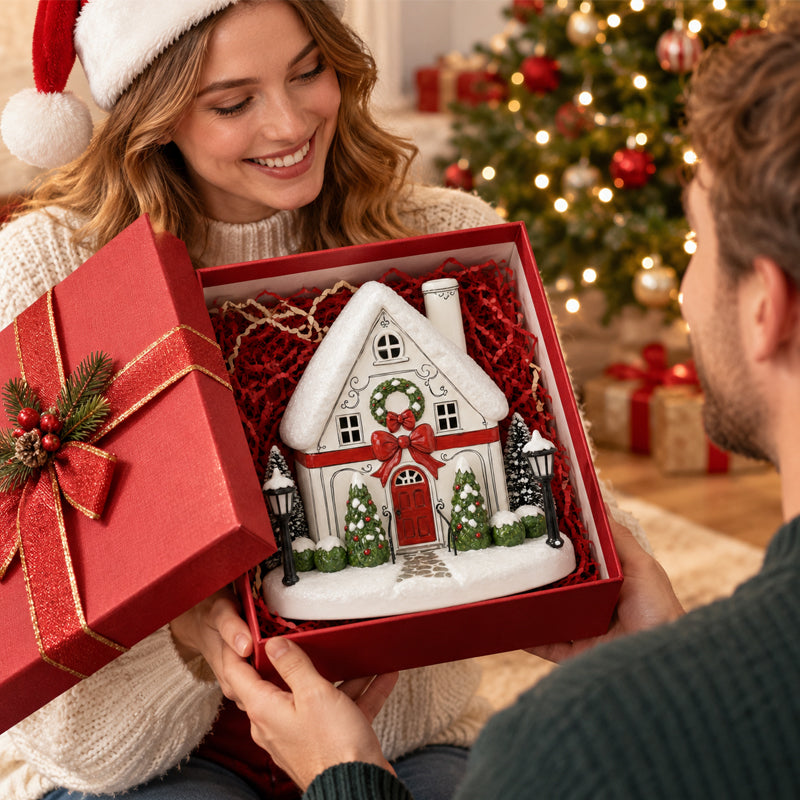🎄✨ Diffuseur « La maison de Noël de Mistletoe Lane » — Diffuseur festif représentant un village de Noël avec des fenêtres illuminées et une charmante brume de cheminée