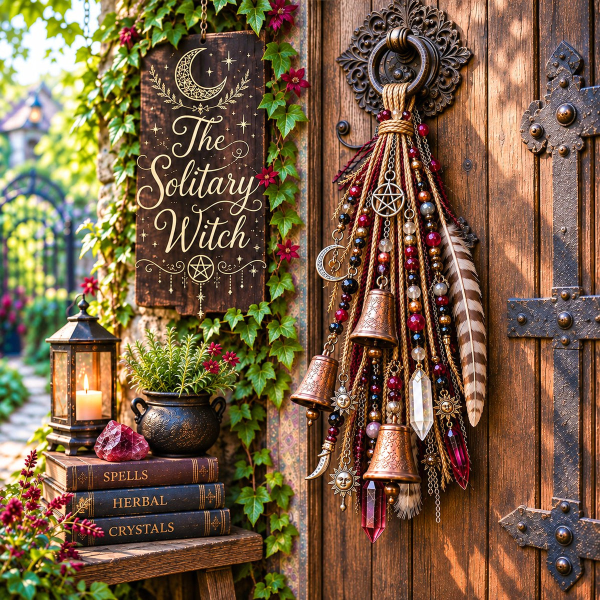 🔮🌙 The Solitary Witch Door Charm — Celestial Hanging Decor with Crystals, Feathers & Vintage Bells