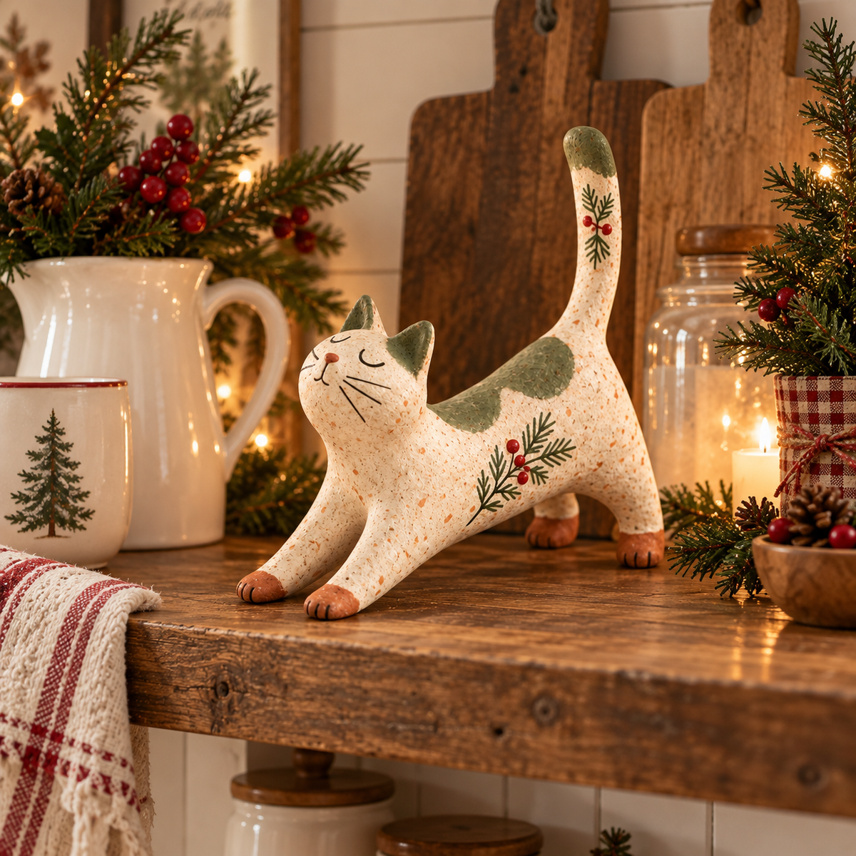 🐈🎄 Figurine de chat de Noël des bois : un petit compagnon des bois tout douillet pour votre maison pendant les fêtes