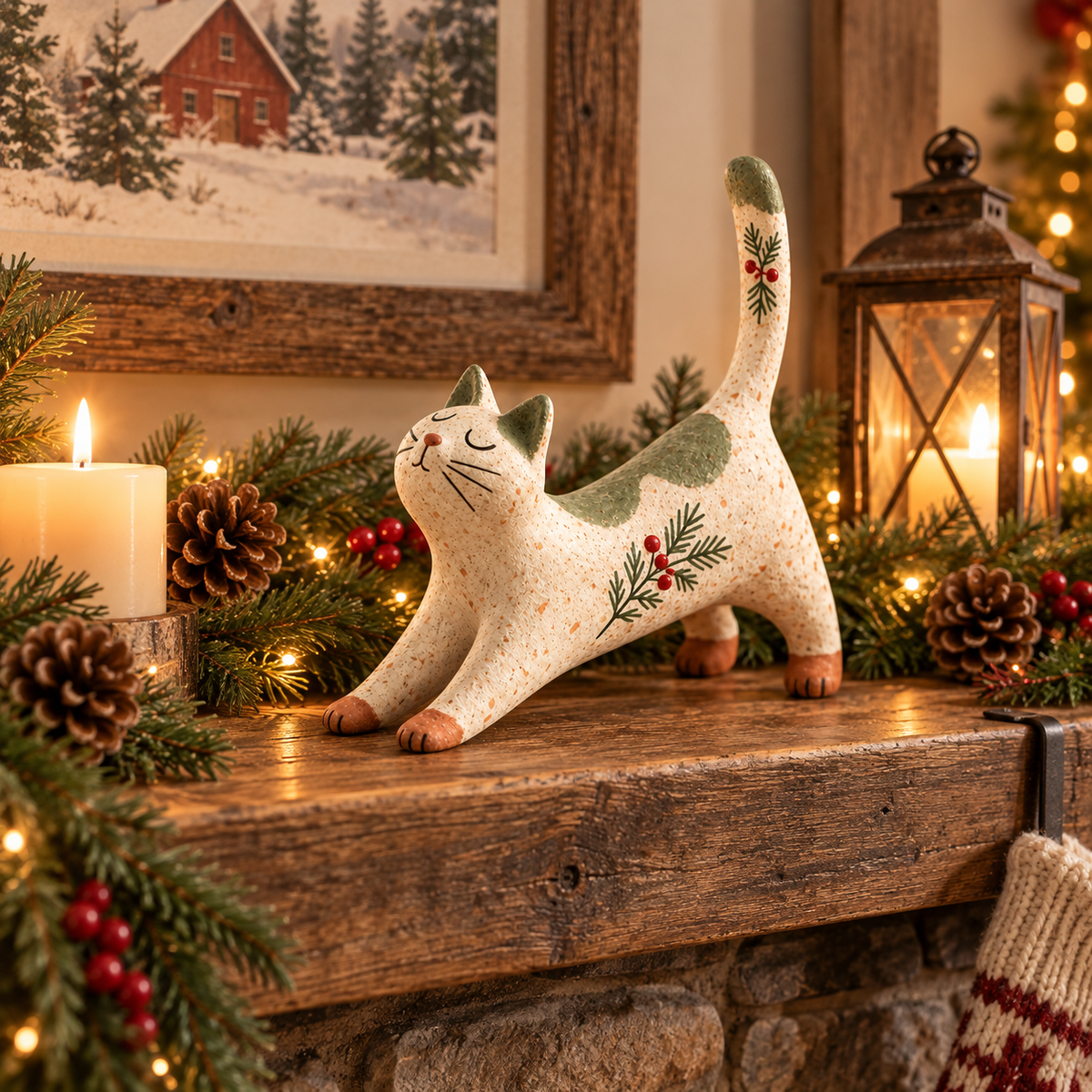 🐈🎄 Figurine de chat de Noël des bois : un petit compagnon des bois tout douillet pour votre maison pendant les fêtes