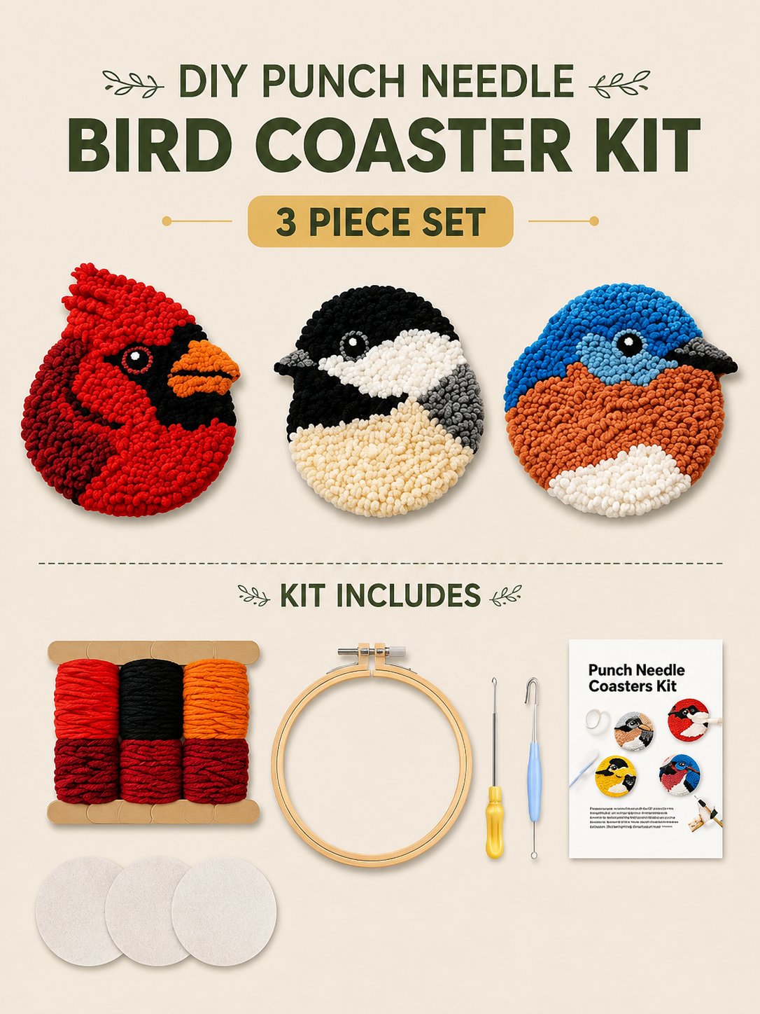 🧵Adapté aux débutants🐦Kit de broderie au poinçon pour sous-verres « Oiseaux » à réaliser soi-même