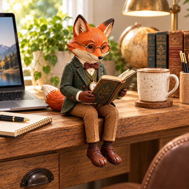 🦊📚 Figurine de renard lecteur — Décoration fantaisiste sur le thème des amateurs de livres et de la forêt