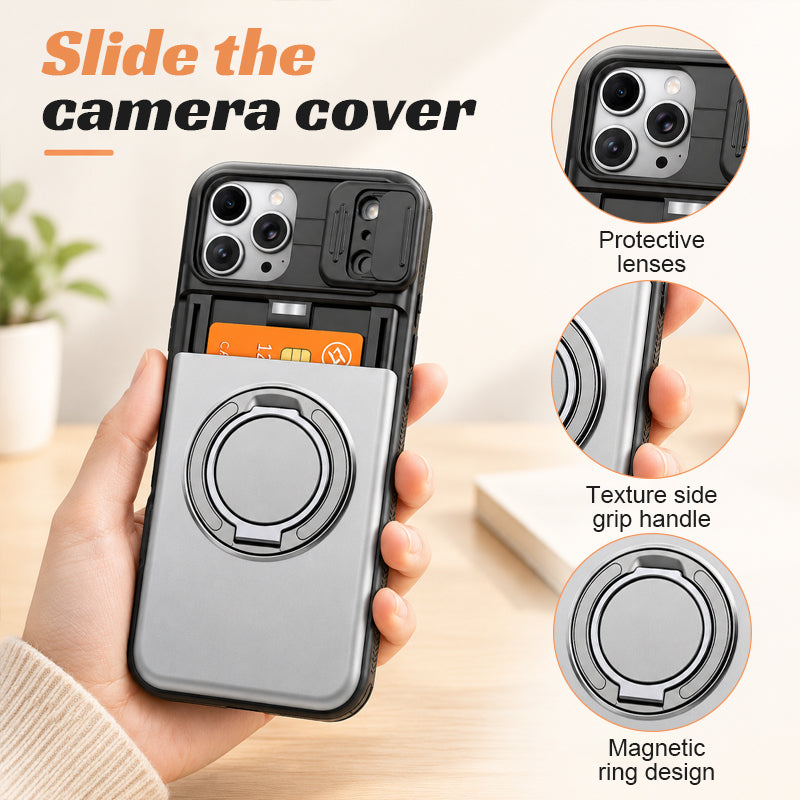 📱💳 Étui multifonctionnel pour téléphone — Compartiment coulissant pour cartes, cache-appareil photo et support anneau à 360°