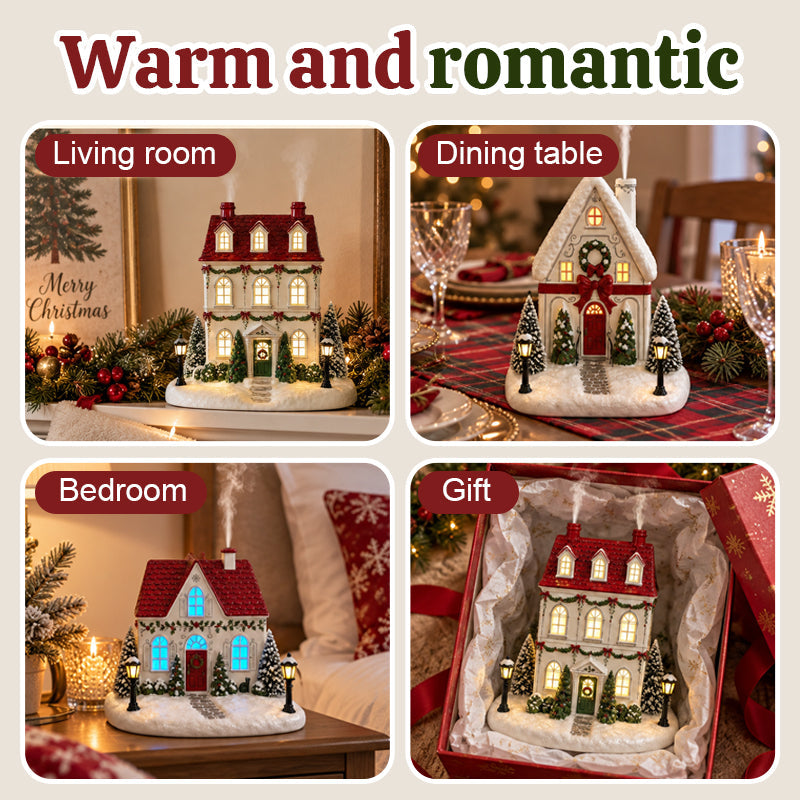🎄✨ Diffuseur « La maison de Noël de Mistletoe Lane » — Diffuseur festif représentant un village de Noël avec des fenêtres illuminées et une charmante brume de cheminée