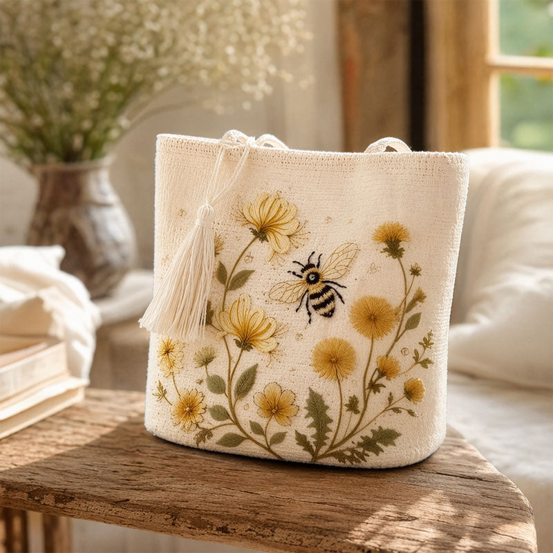 🌼 Sac fourre-tout « Abeille » au crochet fait main : broderie florale haut de gamme et sac à bandoulière bohème chic ! 🐝