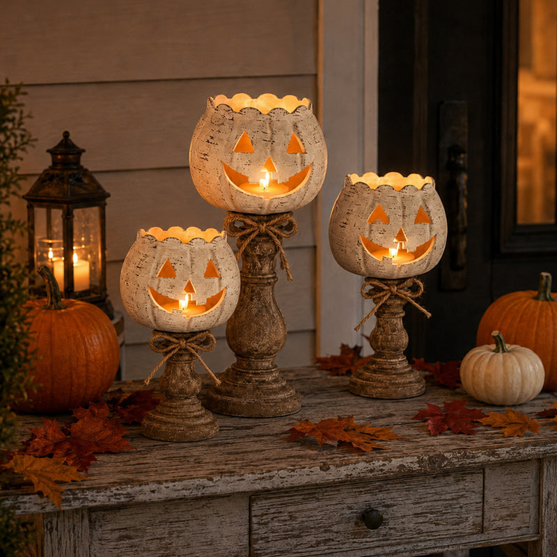🎃 Joli bougeoir en forme de citrouille : décoration rustique avec une citrouille-lanterne sur socle ! 🕯️
