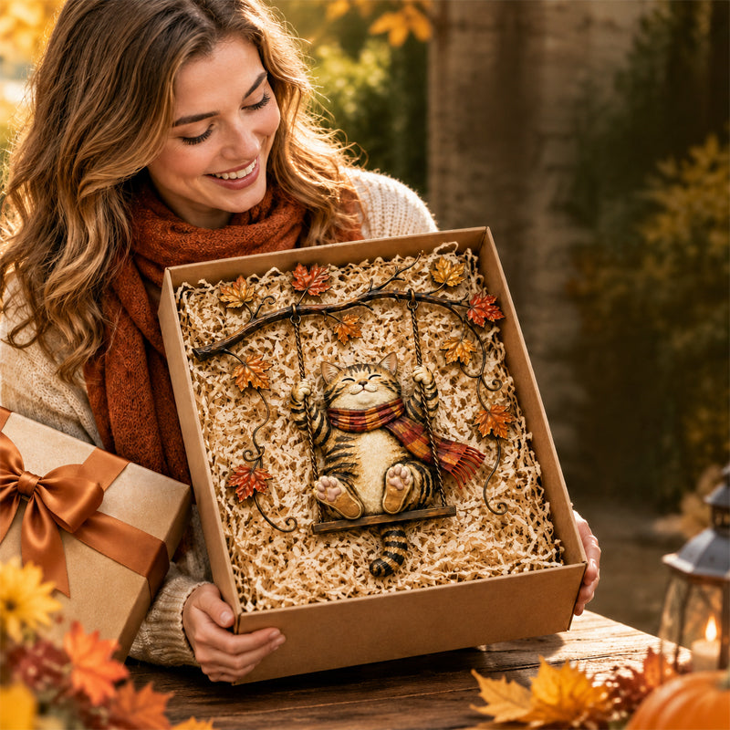 🐱🍂 Décoration murale « Chat d'automne » — Un chat espiègle parmi les feuilles d'automne
