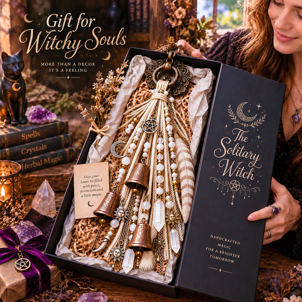 🔮🌙 The Solitary Witch Door Charm — Celestial Hanging Decor with Crystals, Feathers & Vintage Bells