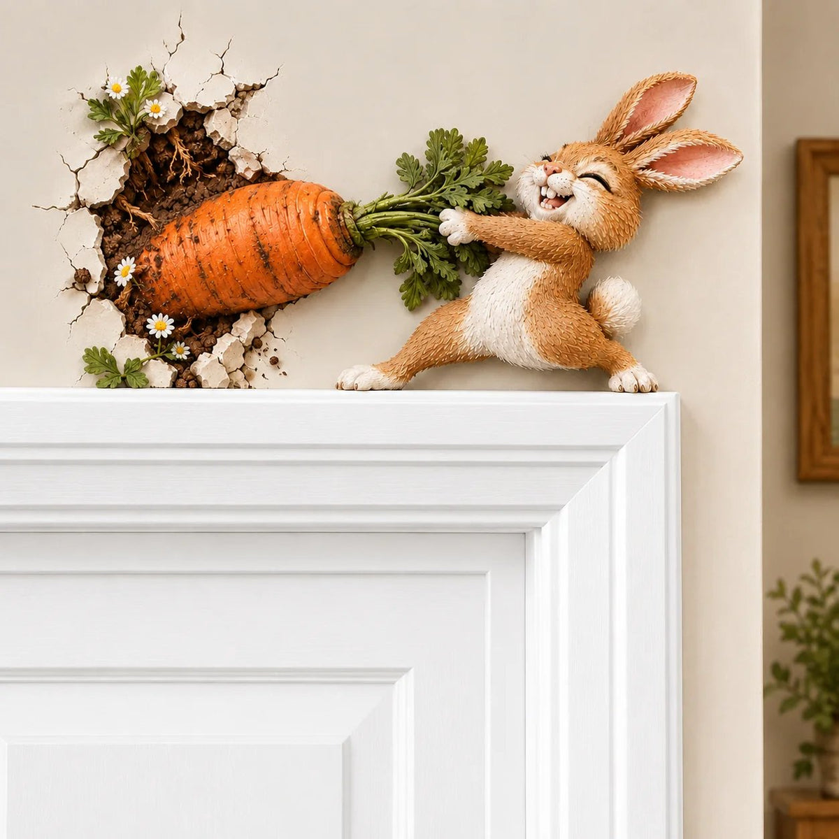 🐰🥕 Décoration murale « Lapin rigolo tirant une carotte » — Décoration de Pâques et du printemps en bois en 3D, effet « en relief »