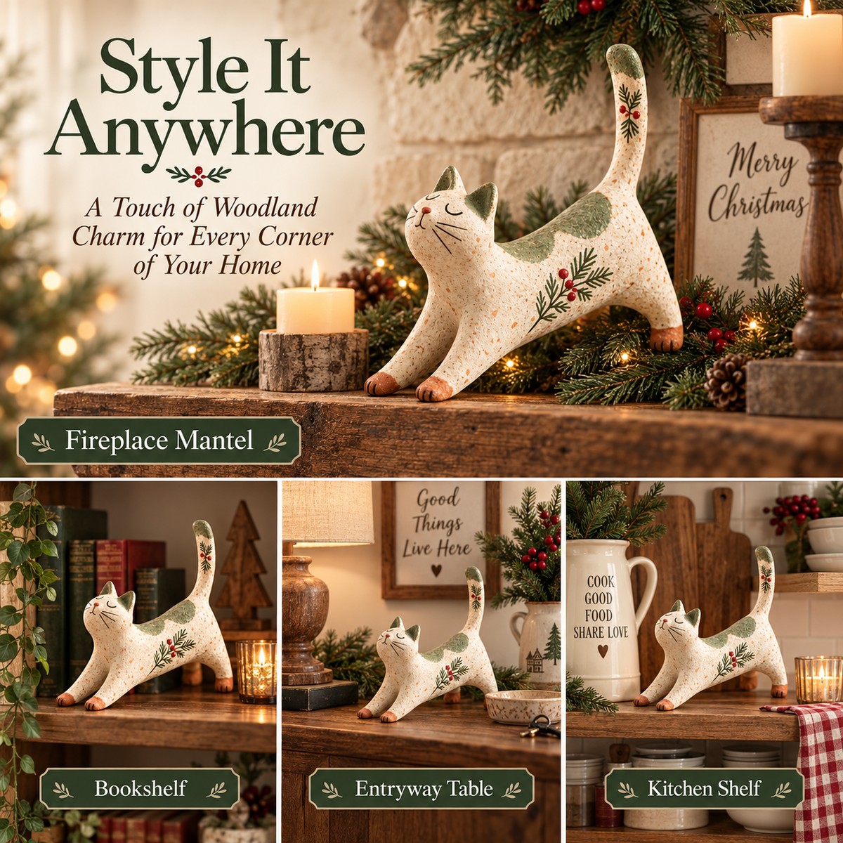 🐈🎄 Figurine de chat de Noël des bois : un petit compagnon des bois tout douillet pour votre maison pendant les fêtes
